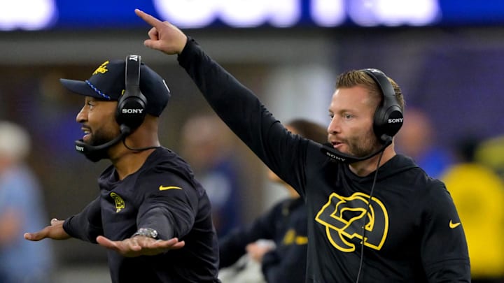 Nov 16, 2025; Inglewood, California, USA;  Los Angeles Rams assistant head coach Aubrey Pleasant with head coach Sean McVay on the sidelines during the second half against the Seattle Seahawks at SoFi Stadium. Mandatory Credit: Jayne Kamin-Oncea-Imagn Images
