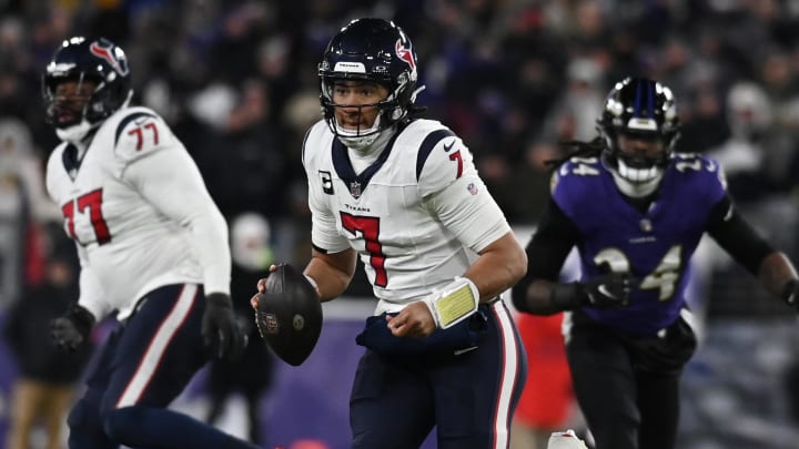 Jan 20, 2024; Baltimore, MD, USA; Houston Texans quarterback C.J. Stroud (7) runs the ball against the Baltimore Ravens during the second quarter of a 2024 AFC divisional round game at M&T Bank Stadium. Mandatory Credit: Tommy Gilligan-USA TODAY Sports Jan 20, 2024; Baltimore, MD, USA; Houston Texans quarterback C.J. Stroud (7) runs the ball against the Baltimore Ravens during the second quarter of a 2024 AFC divisional round game at M&T Bank Stadium. Mandatory Credit: Tommy Gilligan-USA TODAY Sports