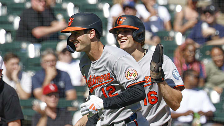 Sep 17, 2025; Chicago, Illinois, USA; Baltimore Orioles left fielder Dylan Beavers (12) celebrates with first baseman Coby Mayo (16) after hitting a two-run home run against the Chicago White Sox during the fourth inning at Rate Field. Mandatory Credit: Kamil Krzaczynski-Imagn Images Sep 17, 2025; Chicago, Illinois, USA; Baltimore Orioles left fielder Dylan Beavers (12) celebrates with first baseman Coby Mayo (16) after hitting a two-run home run against the Chicago White Sox during the fourth inning at Rate Field. Mandatory Credit: Kamil Krzaczynski-Imagn Images