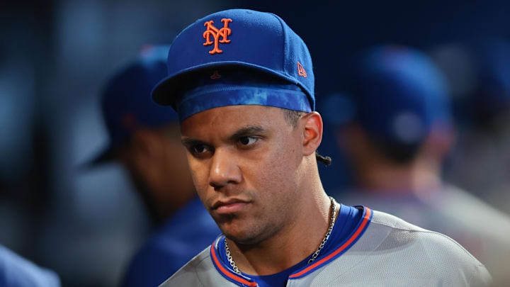 Sep 28, 2025; Miami, Florida, USA; New York Mets right fielder Juan Soto (22) looks on after the game against the Miami Marlins at loanDepot Park. Mandatory Credit: Sam Navarro-Imagn Images