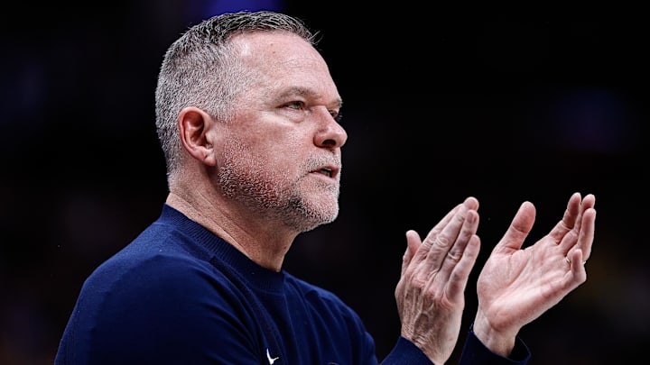 Mar 14, 2025; Denver, Colorado, USA; Denver Nuggets head coach Michael Malone in the second quarter against the Los Angeles Lakers at Ball Arena. Mandatory Credit: Isaiah J. Downing-Imagn Images