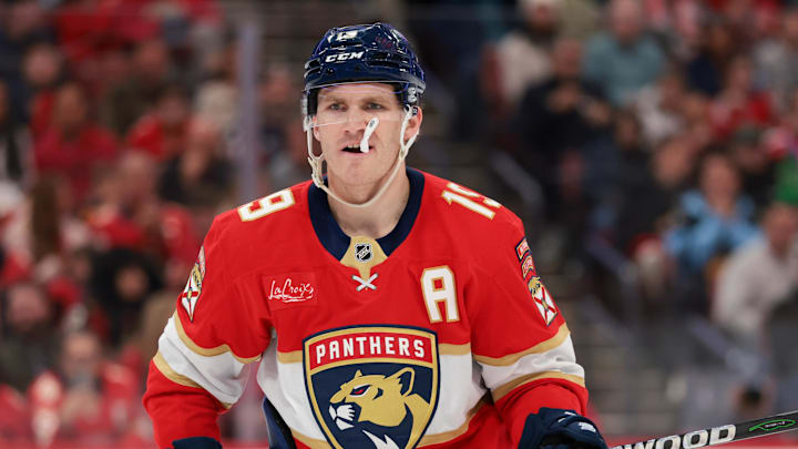 Jan 31, 2026; Sunrise, Florida, USA; Florida Panthers left wing Matthew Tkachuk (19) looks on against the Winnipeg Jets during the second period at Amerant Bank Arena. Mandatory Credit: Sam Navarro-Imagn Images