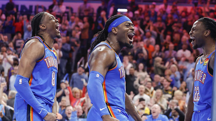Apr 8, 2025; Oklahoma City, Oklahoma, USA; Oklahoma City Thunder forward Jalen Williams (8), guard Luguentz Dort (5) celebrate with Oklahoma City Thunder guard Cason Wallace (22) after he made a basket against the Los Angeles Lakers during the second half at Paycom Center. Mandatory Credit: Alonzo Adams-Imagn Images Apr 8, 2025; Oklahoma City, Oklahoma, USA; Oklahoma City Thunder forward Jalen Williams (8), guard Luguentz Dort (5) celebrate with Oklahoma City Thunder guard Cason Wallace (22) after he made a basket against the Los Angeles Lakers during the second half at Paycom Center. Mandatory Credit: Alonzo Adams-Imagn Images