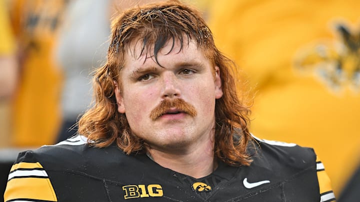 Sep 13, 2025; Iowa City, Iowa, USA; Iowa Hawkeyes offensive lineman Gennings Dunker (67) looks on before the game against the Massachusetts Minutemen at Kinnick Stadium. 