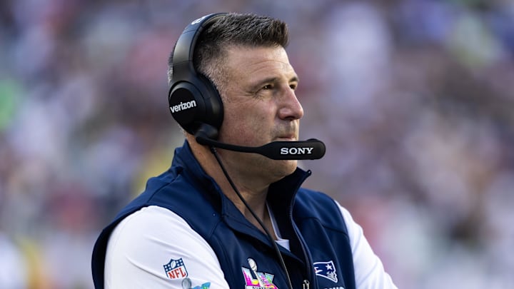 Feb 8, 2026; Santa Clara, CA, USA; New England Patriots head coach Mike Vrabel against the Seattle Seahawks during Super Bowl LX at Levi's Stadium. Mandatory Credit: Mark J. Rebilas-Imagn Images