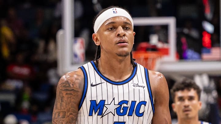 Apr 5, 2026; New Orleans, Louisiana, USA;  Orlando Magic forward Paolo Banchero (5) looks on against the New Orleans Pelicans during the second half at Smoothie King Center. Mandatory Credit: Stephen Lew-Imagn Images