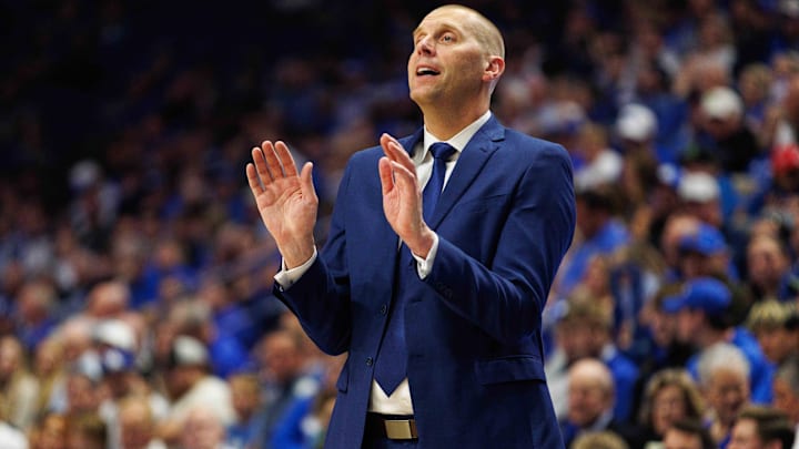 Nov 9, 2024; Lexington, Kentucky, USA; Kentucky Wildcats head coach Mark Pope talks to his players during the first half against the Bucknell Bison at Rupp Arena at Central Bank Center. Mandatory Credit: Jordan Prather-Imagn Images