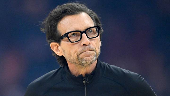 Atlanta Hawks head coach Quin Snyder reacts against the Cleveland Cavaliers at Rocket Arena on April 8, 2026.