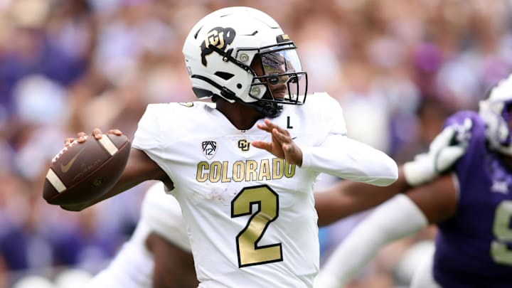 Sep 2, 2023; Fort Worth, Texas, USA; Colorado Buffaloes quarterback Shedeur Sanders (2) throws a pass in the second quarter against the TCU Horned Frogs at Amon G. Carter Stadium. Mandatory Credit: Tim Heitman-Imagn Images