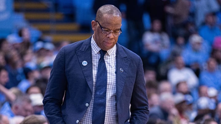 Dec 16, 2025; Chapel Hill, North Carolina, USA; North Carolina Tar Heels head coach Hubert Davis walks the sideline during the first half against the ETSU Buccaneers at Dean E. Smith Center. Mandatory Credit: Scott Kinser-Imagn Images