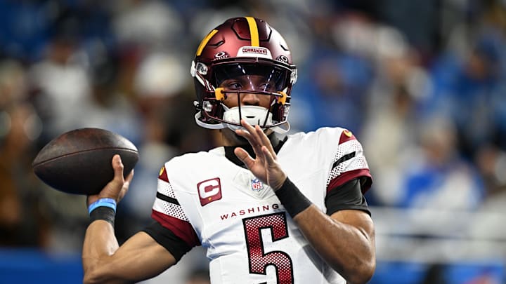 Jan 18, 2025; Detroit, Michigan, USA; Washington Commanders quarterback Jayden Daniels (5) warms up prior to the game against Detroit Lions in a 2025 NFC divisional round game at Ford Field. Mandatory Credit: Lon Horwedel-Imagn Images Jan 18, 2025; Detroit, Michigan, USA; Washington Commanders quarterback Jayden Daniels (5) warms up prior to the game against Detroit Lions in a 2025 NFC divisional round game at Ford Field. Mandatory Credit: Lon Horwedel-Imagn Images