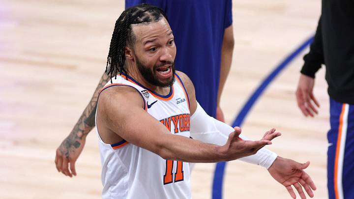 Jun 8, 2026; New York, New York, USA; New York Knicks guard Jalen Brunson (11) and guard Mikal Bridges (25) react in the third quarter against the San Antonio Spurs during game three of the 2026 NBA Finals at Madison Square Garden. Mandatory Credit: Vincent Carchietta-Imagn Images
