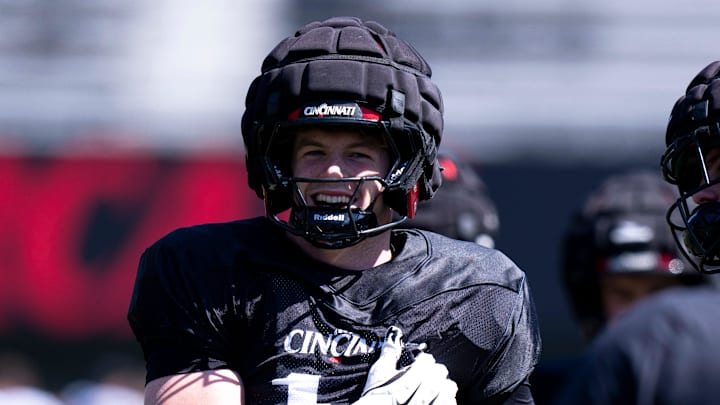 Cincinnati Bearcats linebacker Jake Golday (11) smiles during the Cincinnati Bearcats football spring practice at Nippert Stadium on Saturday, April 12, 2025. Cincinnati Bearcats linebacker Jake Golday (11) smiles during the Cincinnati Bearcats football spring practice at Nippert Stadium on Saturday, April 12, 2025.