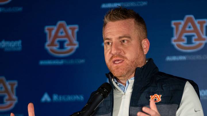 Auburn Tigers football head coach Alex Golesh speaks during a press conference at Woltosz Performance Center in Auburn, Ala. on Monday, Dec. 8, 2025. Auburn Tigers football head coach Alex Golesh speaks during a press conference at Woltosz Performance Center in Auburn, Ala. on Monday, Dec. 8, 2025.
