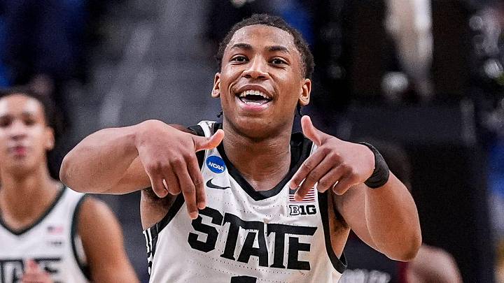 Michigan State guard Jeremy Fears Jr. celebrates the 77-69 win over Louisville in the NCAA Tournament second round at KeyBank Center in Buffalo on Saturday, March 21, 2026. Michigan State guard Jeremy Fears Jr. celebrates the 77-69 win over Louisville in the NCAA Tournament second round at KeyBank Center in Buffalo on Saturday, March 21, 2026.