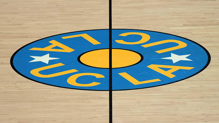 Dec 17, 2024; Los Angeles, California, USA; The UCLA Bruins logo at midcourt at Pauley Pavilion presented by Wescom. Mandatory Credit: Kirby Lee-Imagn Images Dec 17, 2024; Los Angeles, California, USA; The UCLA Bruins logo at midcourt at Pauley Pavilion presented by Wescom. Mandatory Credit: Kirby Lee-Imagn Images