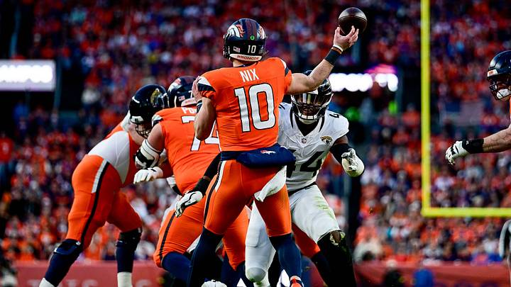 DENVER, CO - DECEMBER 21: Denver Broncos quarterback Bo Nix (10) passes in the second quarter during a game between the Jacksonville Jaguars and the Denver Broncos at Empower Field at Mile High on December 21, 2025 in Denver, Colorado. 
