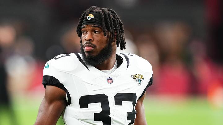Nov 23, 2025; Glendale, Arizona, USA; Jacksonville Jaguars running back Bhayshul Tuten (33) looks on before the game against the Arizona Cardinals at State Farm Stadium. Mandatory Credit: Joe Camporeale-Imagn Images