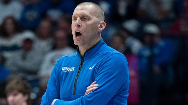 Kentucky coach Mark Pope works the sideline against Missouri during their Day 2 2026 SEC Men’s Basketball Tournament game at Bridgestone Arena in Nashville, Tenn., Thursday, March 12, 2026.
