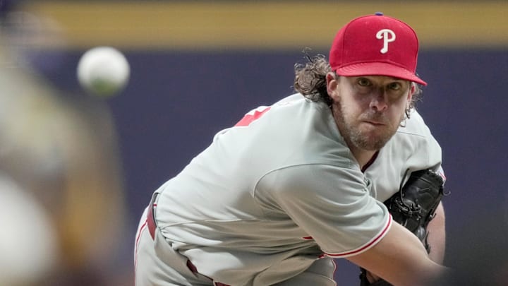 Philadelphia Phillies pitcher Aaron Nola (27) throws during the first inning of their game against the Milwaukee Brewers Wednesday, September 3, 2025 at American Family Field in Milwaukee, Wisconsin. Philadelphia Phillies pitcher Aaron Nola (27) throws during the first inning of their game against the Milwaukee Brewers Wednesday, September 3, 2025 at American Family Field in Milwaukee, Wisconsin.