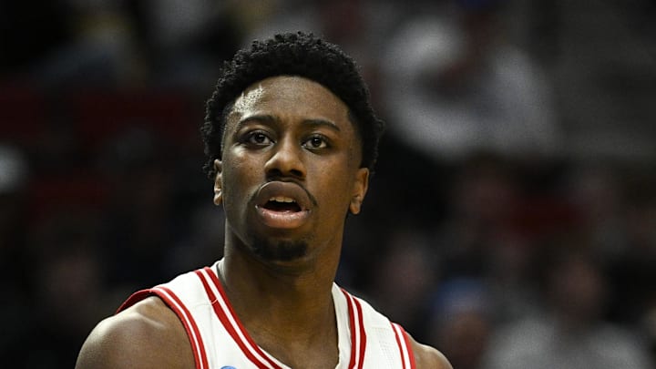 Mar 19, 2026; Portland, OR, USA; Wisconsin Badgers guard John Blackwell (25) reacts during the second half of a first round game of the men's 2026 NCAA Tournament against the High Point Panthers at Moda Center. Mandatory Credit: Troy Wayrynen-Imagn Images
