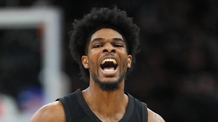 Portland Trail Blazers guard Scoot Henderson (0) reacts after scoring a three point basket during the second half of game two of the first round of the 2026 NBA Playoffs against the San Antonio Spurs at Frost Bank Center on April 21, 2026.