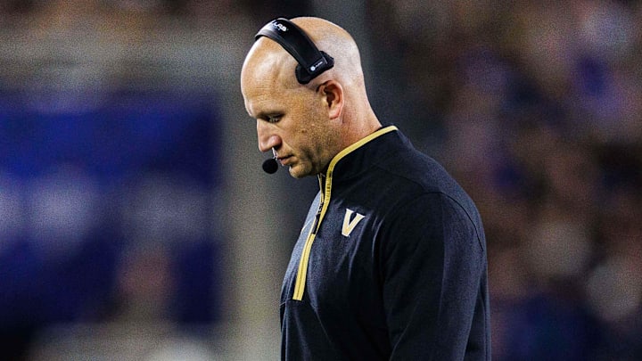 Oct 12, 2024; Lexington, Kentucky, USA; Vanderbilt Commodores head coach Clark Lea walks to the sideline during the first quarter against the Kentucky Wildcats at Kroger Field