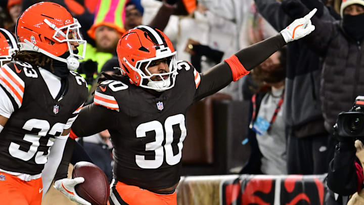 Cleveland Browns linebacker Devin Bush celebrates after returning an interception for a touchdown against the Baltimore Ravens 