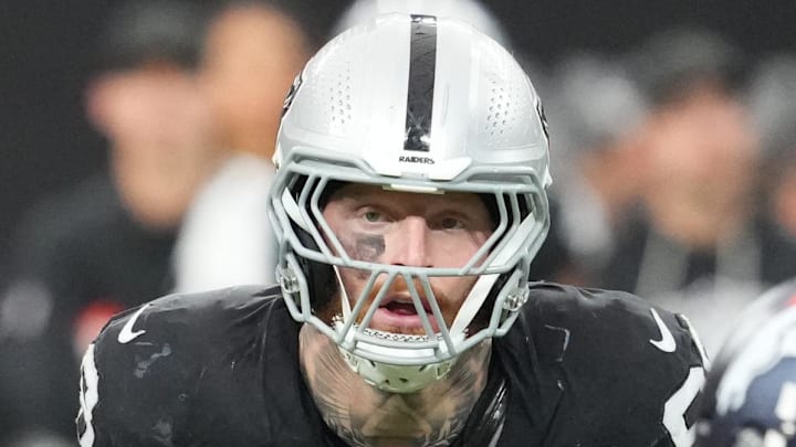 Dec 7, 2025; Paradise, Nevada, USA;  Las Vegas Raiders defensive end Maxx Crosby (98) sets his sights on Denver Broncos quarterback Bo Nix (10) during the first half at Allegiant Stadium. Mandatory Credit: Stephen R. Sylvanie-Imagn Images