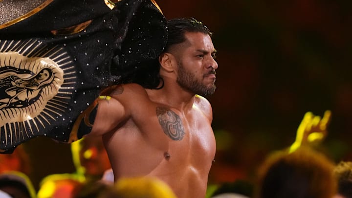Feb 1, 2025; Indianapolis, IN, USA; Santos Escobar during the Men’s Royal Rumble match during the WWE Royal Rumble at Lucas Oil Stadium. Mandatory Credit: Joe Camporeale-Imagn Images