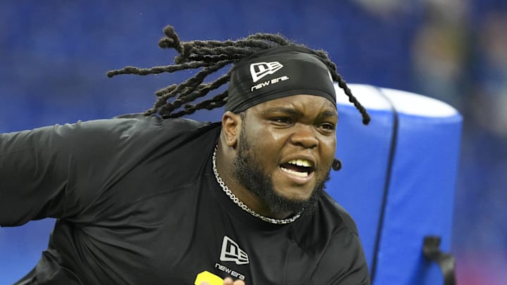 Feb 26, 2026; Indianapolis, IN, USA; Ohio State defensive lineman Kayden McDonald (DL21) during the NFL Scouting Combine  at Lucas Oil Stadium. Mandatory Credit: Kirby Lee-Imagn Images