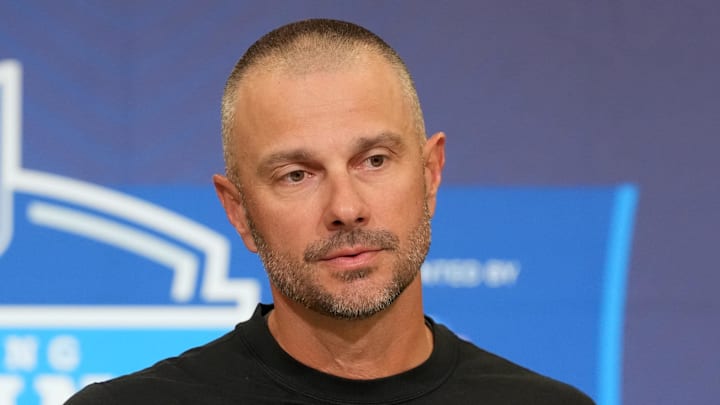 Feb 24, 2026; Indianapolis, IN, USA; Las Vegas Raiders general manager John Spytek speaks at the NFL Scouting Combine at the Indiana Convention Center. Mandatory Credit: Kirby Lee-Imagn Images