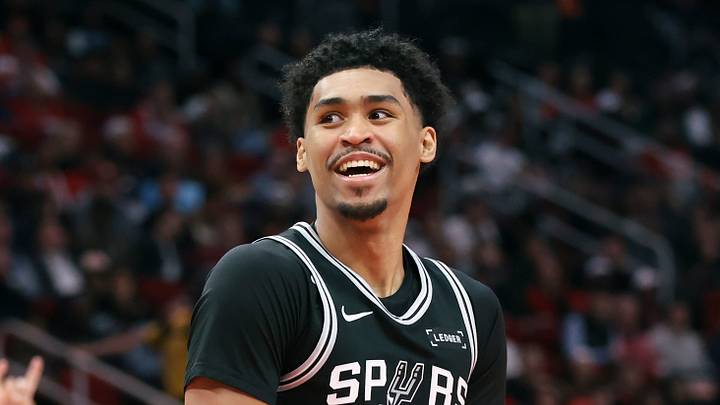 Jan 28, 2026; Houston, Texas, USA; San Antonio Spurs guard Dylan Harper (2) reacts after scoring a basket during the third quarter against the Houston Rockets at Toyota Center. Mandatory Credit: Troy Taormina-Imagn Images