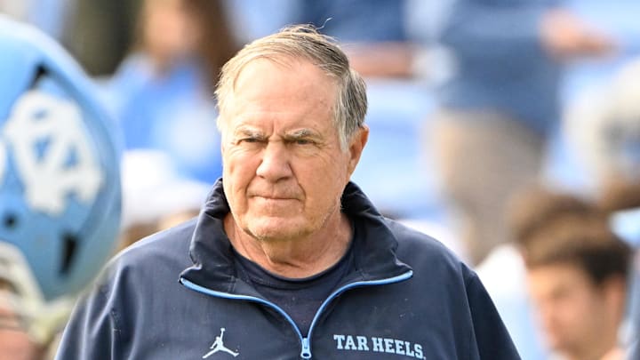 Oct 25, 2025; Chapel Hill, North Carolina, USA; North Carolina Tar Heels head coach Bill Belichick with the team before the game at Kenan Stadium. Mandatory Credit: Bob Donnan-Imagn Images