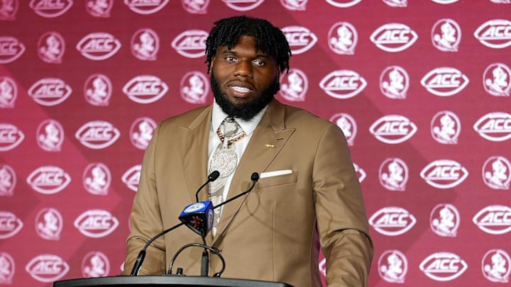 Jul 23, 2025; Charlotte, NC, USA; FSU defensive lineman Darrell Jackson Jr. answers questions from the media during ACC Media days at Hilton Charlotte Uptown. Mandatory Credit: Jim Dedmon-Imagn Images