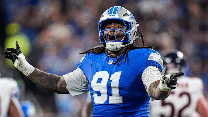 Detroit Lions defensive tackle Tyleik Williams (91) celebrates a play against Chicago Bears during the second half at Ford Field in Detroit on Sunday, Sept. 14, 2025.