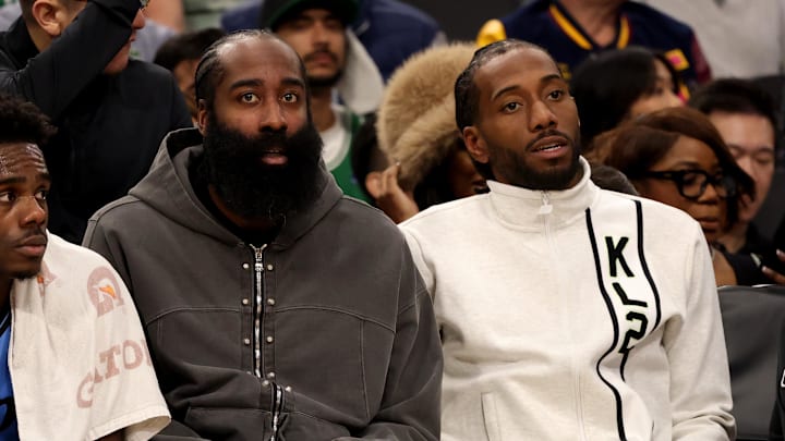 Jan 22, 2025; Inglewood, California, USA; LA Clippers guard James Harden (left) and forward Kawhi Leonard (right) during the second quarter against the Boston Celtics at Intuit Dome. Mandatory Credit: Jason Parkhurst-Imagn Images Jan 22, 2025; Inglewood, California, USA; LA Clippers guard James Harden (left) and forward Kawhi Leonard (right) during the second quarter against the Boston Celtics at Intuit Dome. Mandatory Credit: Jason Parkhurst-Imagn Images