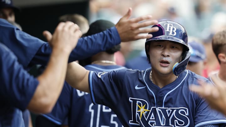 Tampa Bay Rays shortstop Ha-Seong Kim (7) celebrates after scoring against the Detroit Tigers on Wednesday.