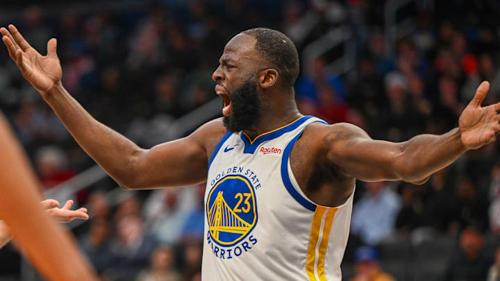 Mar 16, 2026; Washington, District of Columbia, USA; Golden State Warriors forward Draymond Green (23) reacts against the Washington Wizards during the second half at Capital One Arena. Mandatory Credit: Brad Mills-Imagn Images