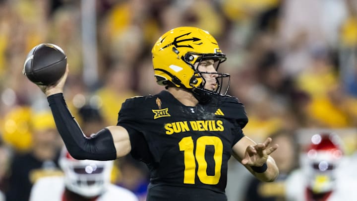Oct 25, 2025; Tempe, Arizona, USA; Arizona State Sun Devils quarterback Sam Leavitt (10) against the Houston Cougars in the second half at Mountain America Stadium. Mandatory Credit: Mark J. Rebilas-Imagn Images