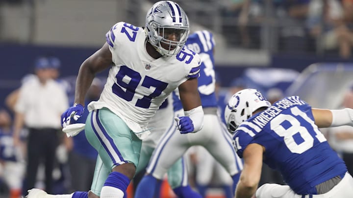 Aug 19, 2017; Arlington, TX, USA;  Dallas Cowboys defensive end Taco Charlton (97) in action against the Indianapolis Colts at AT&T Stadium. Mandatory Credit: Matthew Emmons-USA TODAY Sports
