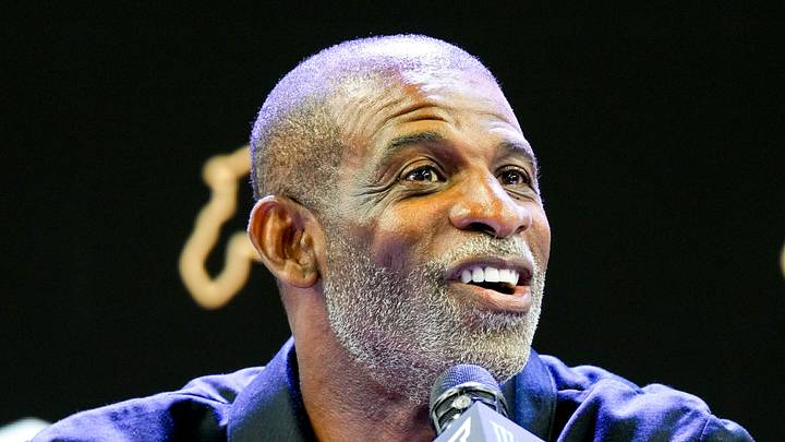 Jul 7, 2026; Frisco, TX, USA;  Colorado head coach Deion Sanders speaks to reporters during Big 12 Conference Football Media Days at The Star. 