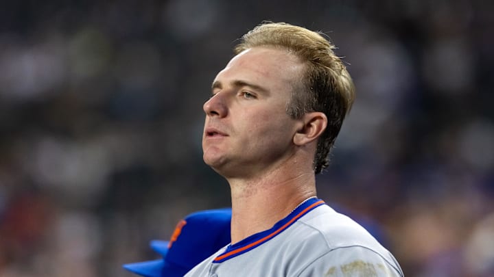 May 5, 2025; Phoenix, Arizona, USA; New York Mets first baseman Pete Alonso against the Arizona Diamondbacks at Chase Field. Mandatory Credit: Mark J. Rebilas-Imagn Images