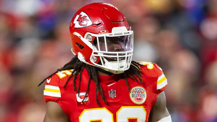 Jan 26, 2025; Kansas City, MO, USA; Kansas City Chiefs linebacker Nick Bolton (32) against the Buffalo Bills in the AFC Championship game at GEHA Field at Arrowhead Stadium. Mandatory Credit: Mark J. Rebilas-Imagn Images