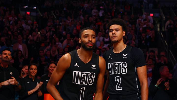Dec 13, 2023; Phoenix, Arizona, USA; Brooklyn Nets forward Mikal Bridges (1) and forward Cameron Johnson (2) are introduced before the game against the Phoenix Suns at Footprint Center. Mandatory Credit: Mark J. Rebilas-Imagn Images Dec 13, 2023; Phoenix, Arizona, USA; Brooklyn Nets forward Mikal Bridges (1) and forward Cameron Johnson (2) are introduced before the game against the Phoenix Suns at Footprint Center. Mandatory Credit: Mark J. Rebilas-Imagn Images