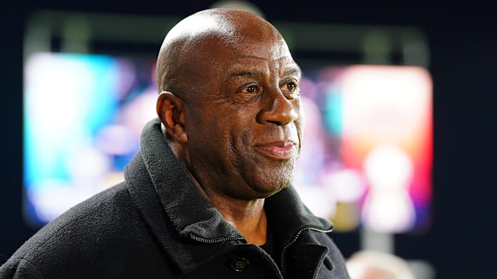 Nov 23, 2024; Kansas City, Missouri, USA; Magic Johnson attends the 2024 NWSL Championship match at CPKC Stadium.