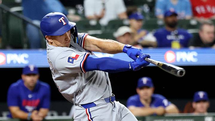 Texas Rangers left fielder Wyatt Langford. Texas Rangers left fielder Wyatt Langford.