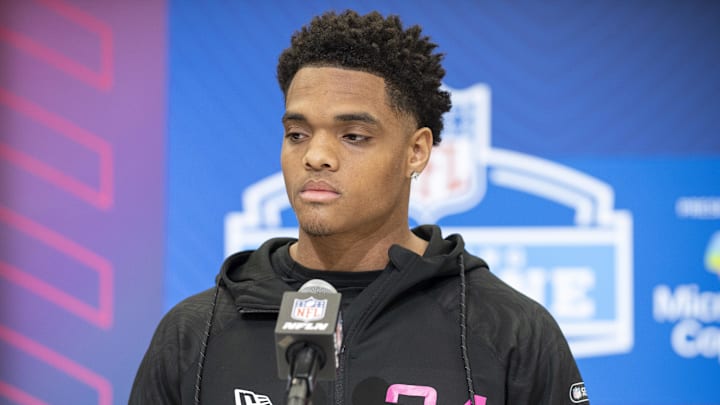 Feb 27, 2025; Indianapolis, IN, USA; Kansas St defensive back Jacob Parrish (DB24) during the 2025 NFL Combine at Lucas Oil Stadium. Mandatory Credit: Tanner Pearson-Imagn Images Feb 27, 2025; Indianapolis, IN, USA; Kansas St defensive back Jacob Parrish (DB24) during the 2025 NFL Combine at Lucas Oil Stadium. Mandatory Credit: Tanner Pearson-Imagn Images