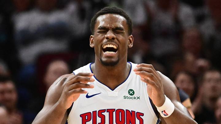 May 11, 2026; Cleveland, Ohio, USA; Detroit Pistons center Jalen Duren (0) reacts after a play against the Cleveland Cavaliers during the second half of game four in the second round of the 2026 NBA Playoffs at Rocket Arena. Mandatory Credit: Ken Blaze-Imagn Images