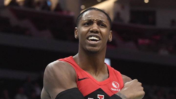 Jan 7, 2026; Charlotte, North Carolina, USA;  Toronto Raptors forward RJ Barrett (9) reacts to the referee from what he thought was a foul against him during the second half against the Charlotte Hornets at the Spectrum Center. Mandatory Credit: Sam Sharpe-Imagn Images